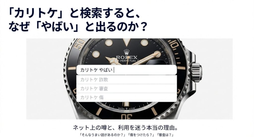 画像タイトル: カリトケの検索評判とサジェストキーワード
代替テキスト(Alt): 「カリトケ」と検索した際に表示される「やばい」「詐欺」「審査」などの検索候補(サジェスト)と、ユーザーの不安を表したイメージ図。