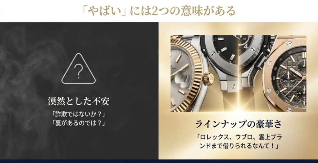 画像タイトル: 「やばい」に含まれる2つの意味
代替テキスト(Alt): カリトケの評判における「漠然とした不安(ネガティブ)」と「ラインナップの豪華さへの驚き(ポジティブ)」という2種類の意味合いを対比させた解説図。