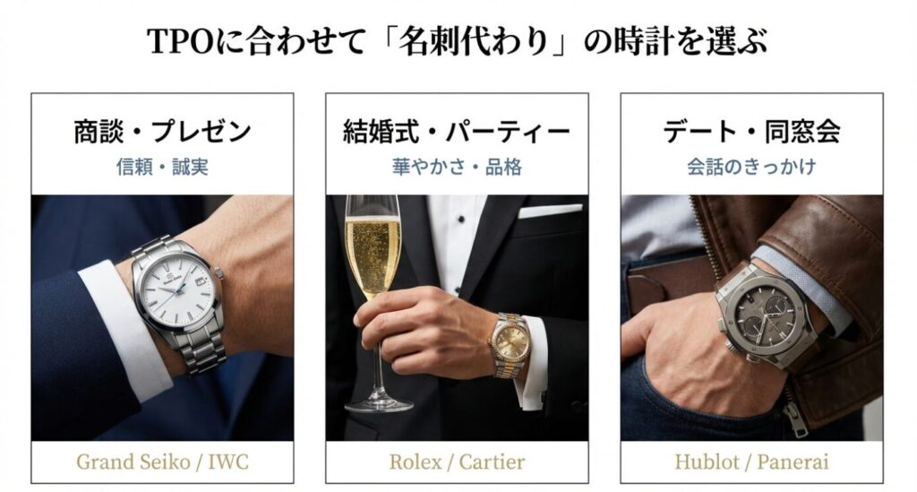 画像タイトル: TPOに合わせた腕時計のコーディネート
代替テキスト(Alt): ビジネスシーンのグランドセイコー、パーティーシーンのロレックス、カジュアルなウブロなど、シーンに合わせた「名刺代わり」の腕時計着用イメージ写真。