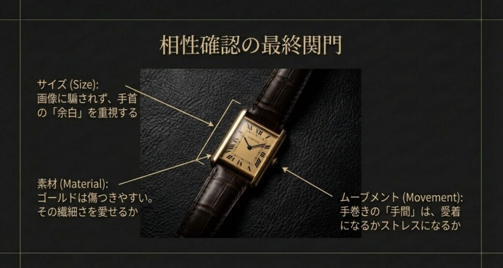 画像タイトル: タンクルイカルティエ選びの3つの関門:サイズ・素材・ムーブメント
代替テキスト: タンクルイカルティエ購入前に確認すべき3つのポイント。手首の余白を重視するサイズ選び、傷つきやすいゴールド素材との相性、手巻きムーブメントの手間への適性について。