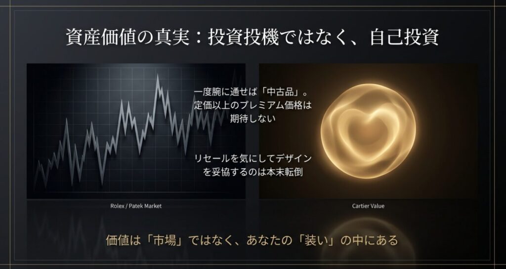 画像タイトル: タンクルイカルティエの資産価値と自己投資
代替テキスト: 時計の資産価値に関する考え方。リセールバリューを気にしてデザインを妥協するのではなく、自身の装いや生活を豊かにする自己投資としての価値を強調するイメージ。