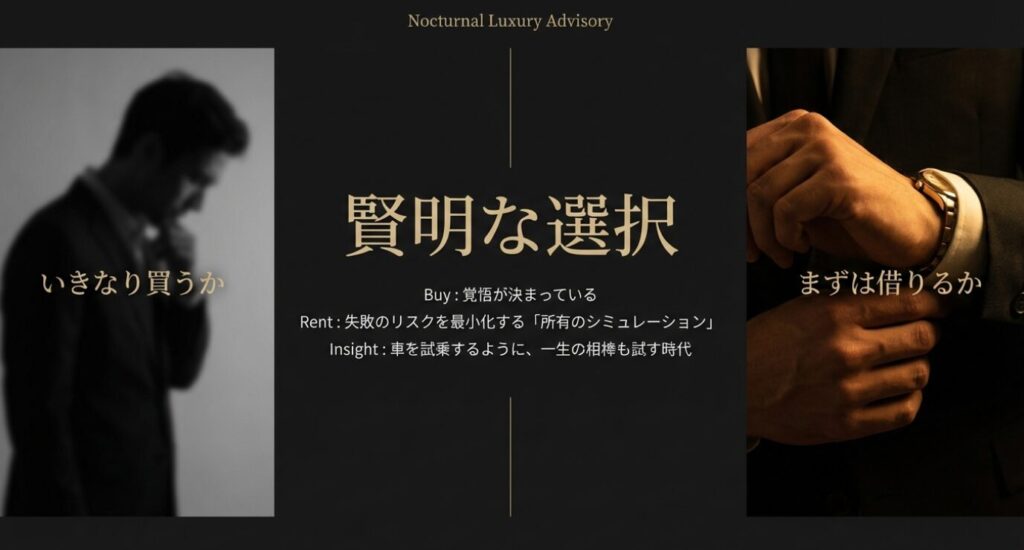 画像タイトル: タンクルイカルティエを購入するかレンタルで試すかの選択肢
代替テキスト: 高級時計をいきなり購入するか、まずはレンタルで試すか。失敗のリスクを最小化する「所有のシミュレーション」としてのレンタルの選択肢を提案する画像。
