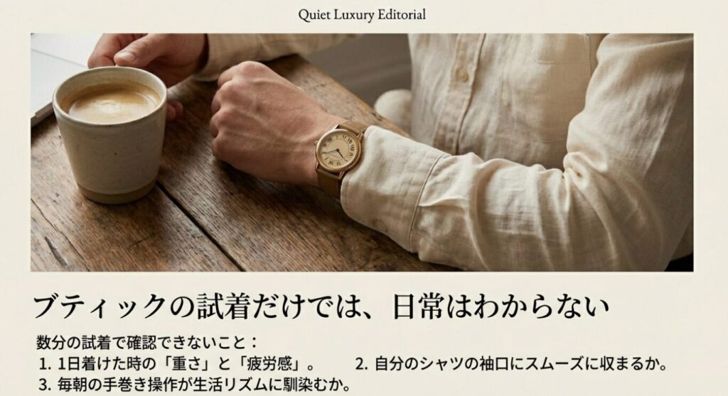 画像タイトル: タンクルイカルティエの試着ではわからない日常の着用感
代替テキスト: ブティックでの数分の試着では確認できない、1日着けた時の重さや疲労感、シャツの袖口との干渉、毎朝の手巻き操作の生活への馴染みやすさについて 。