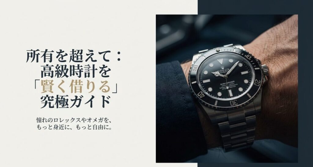 画像タイトル: 高級時計レンタルの究極ガイド
代替テキスト: スーツ姿の男性がロレックスのサブマリーナーを着用している様子。「所有を超えて賢く借りる究極ガイド」というタイトル文字。