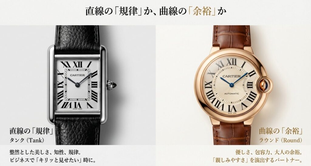 画像タイトル (title): カルティエ タンクとラウンドウォッチの印象比較
代替テキスト (alt): 直線のタンクが持つ「規律」と、曲線のラウンドウォッチが持つ「余裕・包容力」を対比させた図