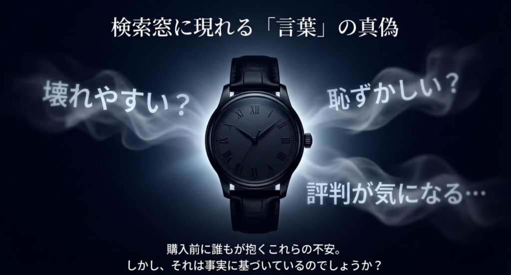 挿入位置: 導入文の最後、「…一つずつ正直に解説していきます。」という文章の直後。（見出し「壊れやすいという噂と耐久性の真実」の直前）

画像タイトル: オリエントスター_ネガティブ検索ワードの真偽

代替テキスト: 「壊れやすい？」「恥ずかしい？」といった検索窓に現れるネガティブなキーワードと、それに対する疑問を提示したスライド。
