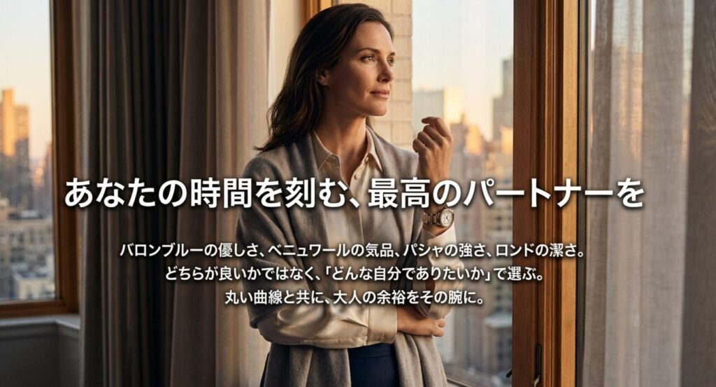 画像タイトル (title): カルティエ 丸型レディース時計 4モデルの特徴まとめ
代替テキスト (alt): バロンブルー、ベニュワール、パシャ、ロンドのそれぞれの個性(優しさ、気品、強さ、潔さ)をまとめたスライド