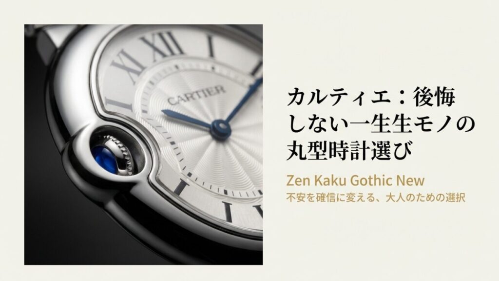 画像タイトル (title): カルティエ レディース時計 丸型モデルの選び方ガイド
代替テキスト (alt): カルティエの後悔しない丸型時計選びをテーマにしたスライドの表紙
