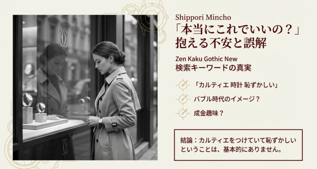 画像タイトル (title): 「カルティエ 時計 恥ずかしい」という検索キーワードの真実
代替テキスト (alt): カルティエの時計が恥ずかしいと言われる誤解(バブル時代のイメージなど)について解説したスライド