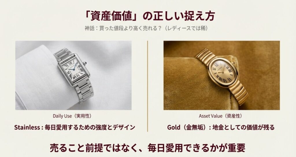 画像タイトル (title): カルティエ時計の資産価値と実用性のバランス
代替テキスト (alt): カルティエ時計の資産価値(金無垢)と実用性(ステンレス)の違いと選び方を解説したスライド