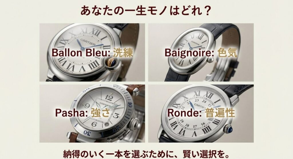 画像タイトル (title): カルティエ 丸型レディース時計 4大モデルの特徴比較
代替テキスト (alt): バロンブルー、ベニュワール、パシャ、ロンドの4つのモデルの特徴(洗練、色気、強さ、普遍性)を比較した画像