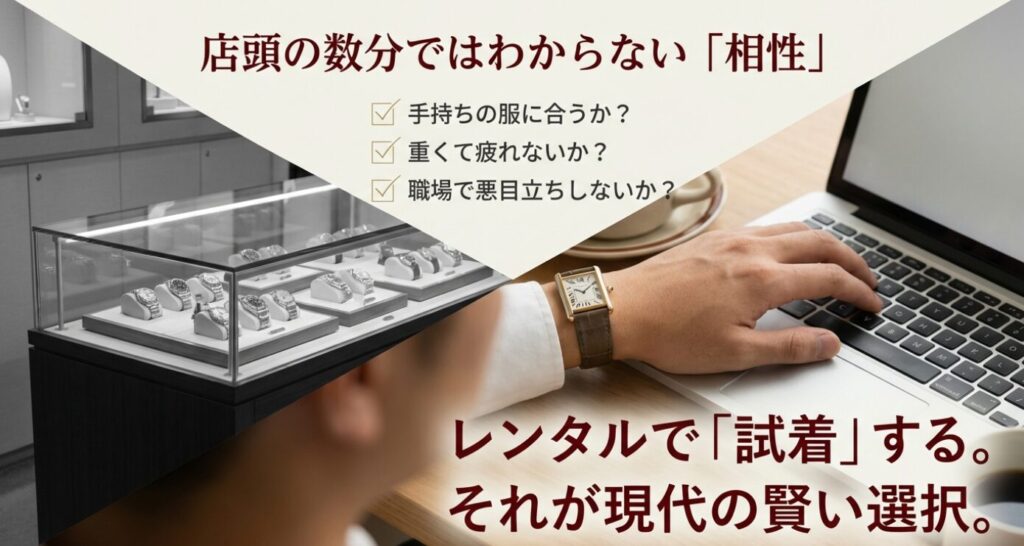 画像タイトル (title): 高級時計選びにおける店頭試着とレンタルの違い
代替テキスト (alt): 店頭での短時間の試着では分からない日常の相性を確認するために、レンタルサービスを推奨する図