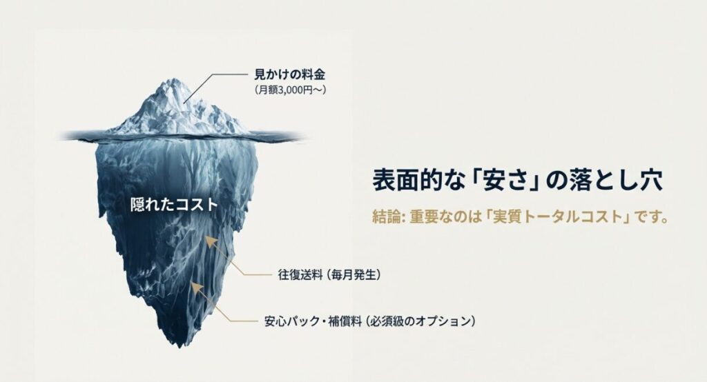 画像タイトル: レンタル料金の仕組みと実質コスト
代替テキスト: 月額料金の安さだけでなく、往復送料や安心パック・補償料などの「隠れたコスト」を含めた実質トータルコストの重要性を説く図。
