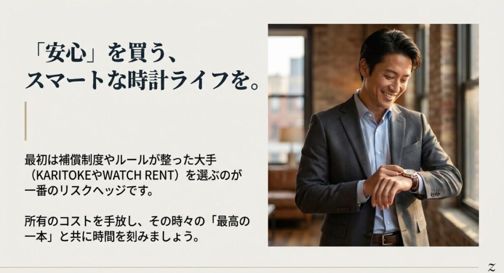 画像タイトル: 安心を買うスマートな時計ライフ
代替テキスト: 窓際で腕時計を見て微笑むスーツ姿の男性。「安心を買う、スマートな時計ライフを」というメッセージと、大手を選ぶ推奨コメント。