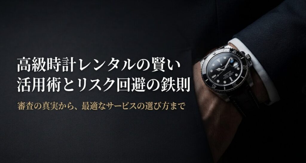 画像タイトル: 高級時計レンタルの賢い活用術とリスク回避
代替テキスト: ロレックスのサブマリーナーのアップ画像。「高級時計レンタルの賢い活用術とリスク回避の鉄則」というタイトル文字 。