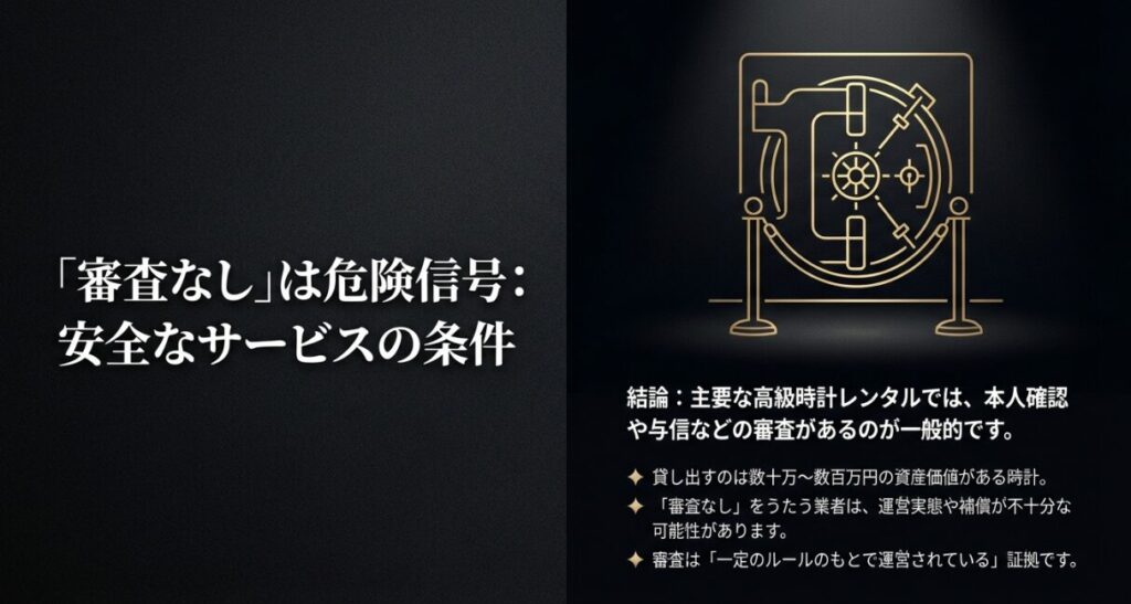 画像タイトル: 時計レンタルにおける審査と安全性の関係
代替テキスト: 金庫のイラスト。「審査なしは危険信号」という警告と、審査は安全なサービスの条件であるという解説 。