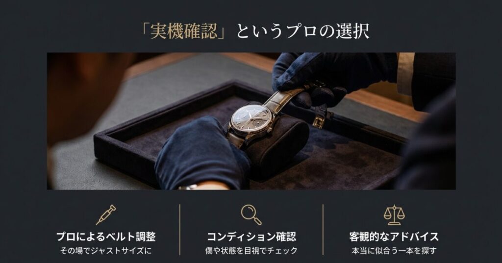 画像タイトル: 店舗での実機確認とベルト調整のメリット
代替テキスト: 手袋をしたスタッフが時計を扱う様子。プロによるベルト調整、コンディション確認、客観的なアドバイスが受けられるメリットの説明 。
