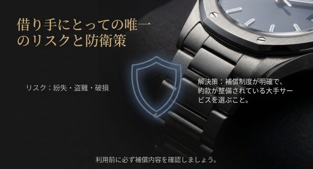 画像タイトル: 紛失・破損リスクへの解決策
代替テキスト: 盾のアイコン。借り手の唯一のリスクは紛失・盗難・破損であり、解決策は補償制度が明確な大手サービスを選ぶことだという説明 。