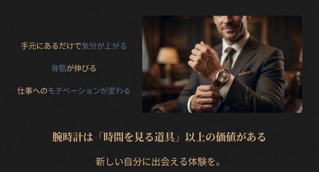 画像タイトル: 腕時計が仕事へのモチベーションを変える
代替テキスト: スーツを着て腕時計を調整する男性。「手元にあるだけで気分が上がる」「仕事へのモチベーションが変わる」というメッセージ 。