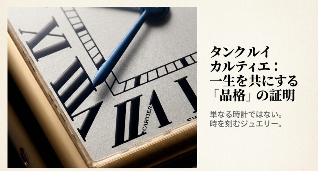 画像タイトル: タンクルイ カルティエ：一生を共にするパートナー

代替テキスト: 「タンクルイ カルティエ：一生を共にする『品格』の証明」というタイトル文字が書かれたスライド。