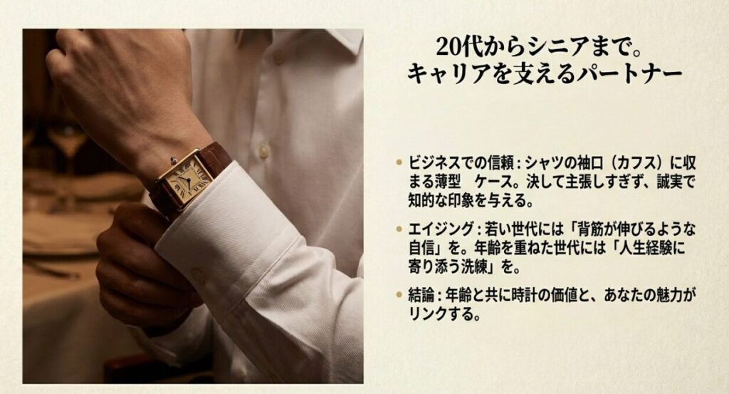 画像タイトル: シャツの袖口に収まる品格

代替テキスト: 白いワイシャツの袖口からタンク ルイ カルティエが覗いている画像。「ビジネスでの信頼」「キャリアを支えるパートナー」という解説文。