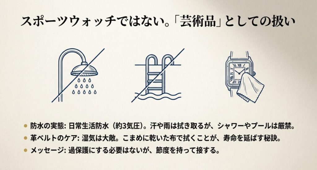 画像タイトル: 水気厳禁：芸術品としての扱い

代替テキスト: シャワーやプールの使用禁止マークと、布で時計を拭くイラスト。「スポーツウォッチではない」「芸術品としての扱い」という警告文。