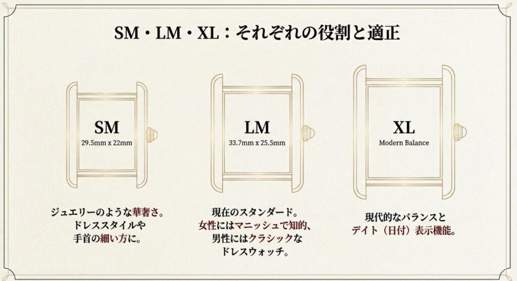 画像タイトル: SM・LM・XL：それぞれの役割とサイズ比較

代替テキスト: SM、LM、XLの各サイズ寸法と特徴（ジュエリー感、スタンダード、現代的バランス）を解説した比較図。