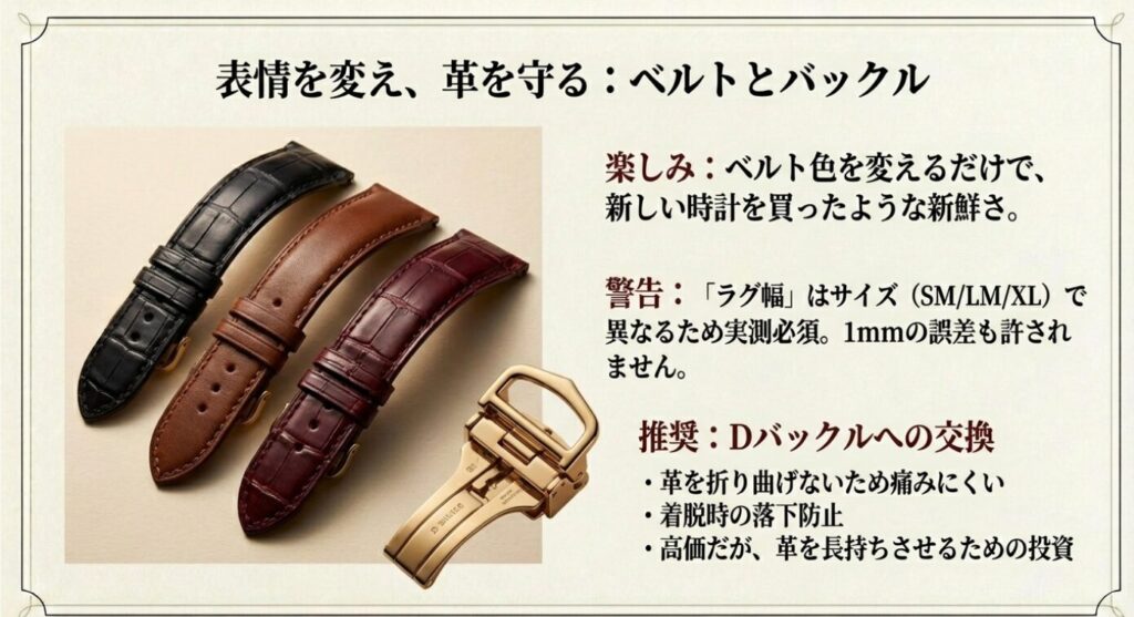 画像タイトル: 表情を変え、革を守る：ベルトとバックル

代替テキスト: 3色の革ベルト（黒、茶、バーガンディ）と、ゴールドのDバックルの写真。「革を長持ちさせるための投資」としてのDバックル解説。