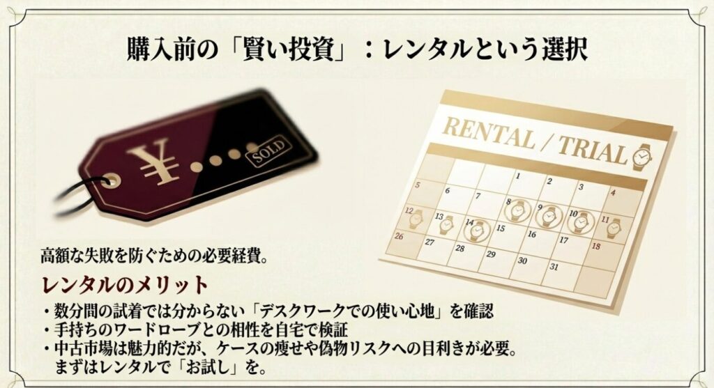 画像タイトル: 購入前の「賢い投資」：レンタルという選択

代替テキスト: 商品タグのイラストとレンタル（TRIAL）のメリット箇条書き。「数分間の試着では分からない使い心地を確認」「高額な失敗を防ぐ必要経費」という解説。