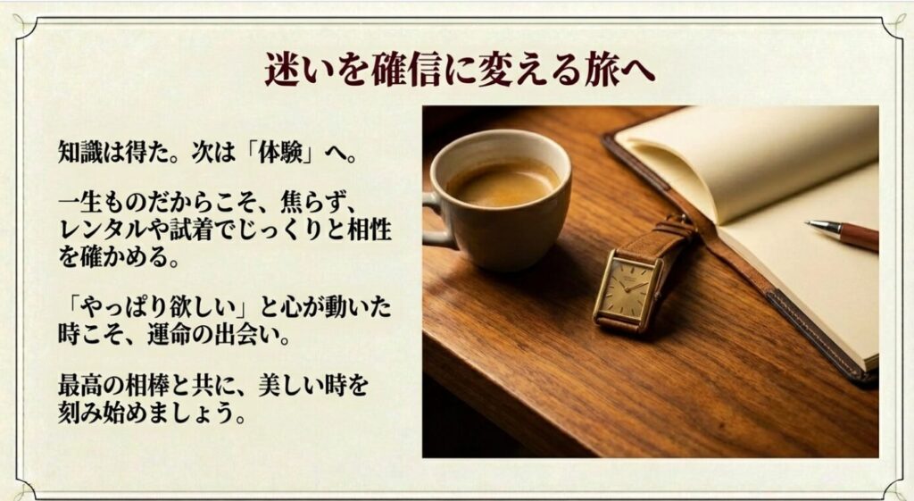 画像タイトル: 迷いを確信に変える旅へ

代替テキスト: 木製デスクの上に置かれたタンク、コーヒー、ノート。「知識は得た。次は体験へ。」「最高の相棒と共に美しい時を」という結びのメッセージ。