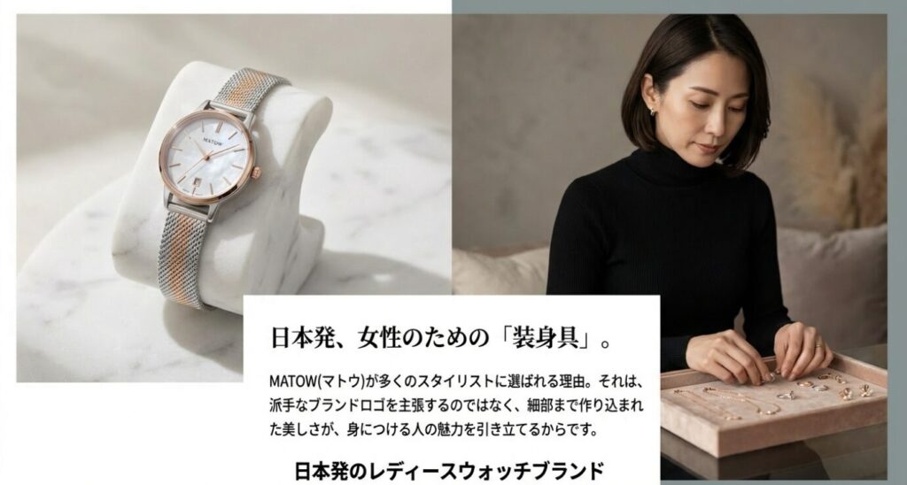 画像タイトル： スタイリストに選ばれる日本発の装身具MATOW

代替テキスト： 「MATOW」のロゴと、ブランドコンセプトが書かれたスライド。派手なロゴではなく細部の美しさを重視する日本発のレディースウォッチブランドであるという説明文。