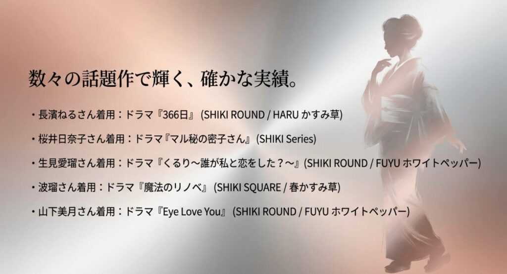 画像タイトル： ドラマ着用実績・女優一覧

代替テキスト： 長濱ねるさん、桜井日奈子さん、生見愛瑠さん、波瑠さん、山下美月さんなど、ドラマでMATOWを着用した女優と作品名がリストアップされたスライド画像。