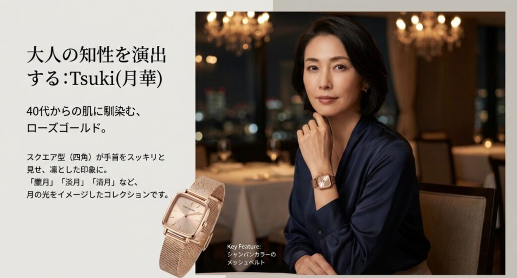 画像タイトル： 大人の知性を演出するTsuki（月華）シリーズ

代替テキスト： ローズゴールドのスクエア型ケースが特徴的な「Tsuki」シリーズの紹介スライド。40代からの肌に馴染む色合いと知的な印象を与えるデザインについての説明文。
