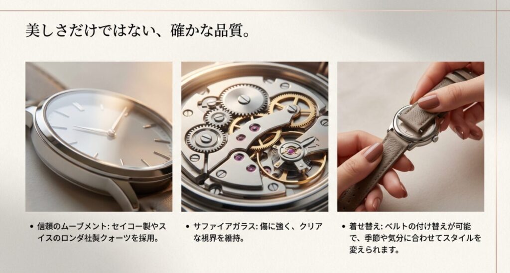 画像タイトル： MATOWの品質とベルト交換機能

代替テキスト： 腕時計のアップ写真、内部のムーブメント（歯車）、ベルトを交換している手元の写真。セイコー製やロンダ社製クォーツの採用、サファイアガラス、ベルトの付け替え機能についての説明。