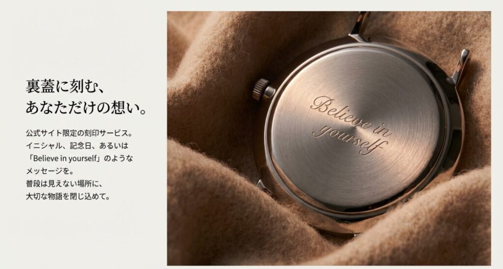 画像タイトル： 公式サイト限定・裏蓋刻印サービス

代替テキスト： 腕時計の裏蓋に「Believe in yourself」というメッセージが刻印されている画像。普段は見えない場所に大切な物語を閉じ込めるという刻印サービスのイメージ。