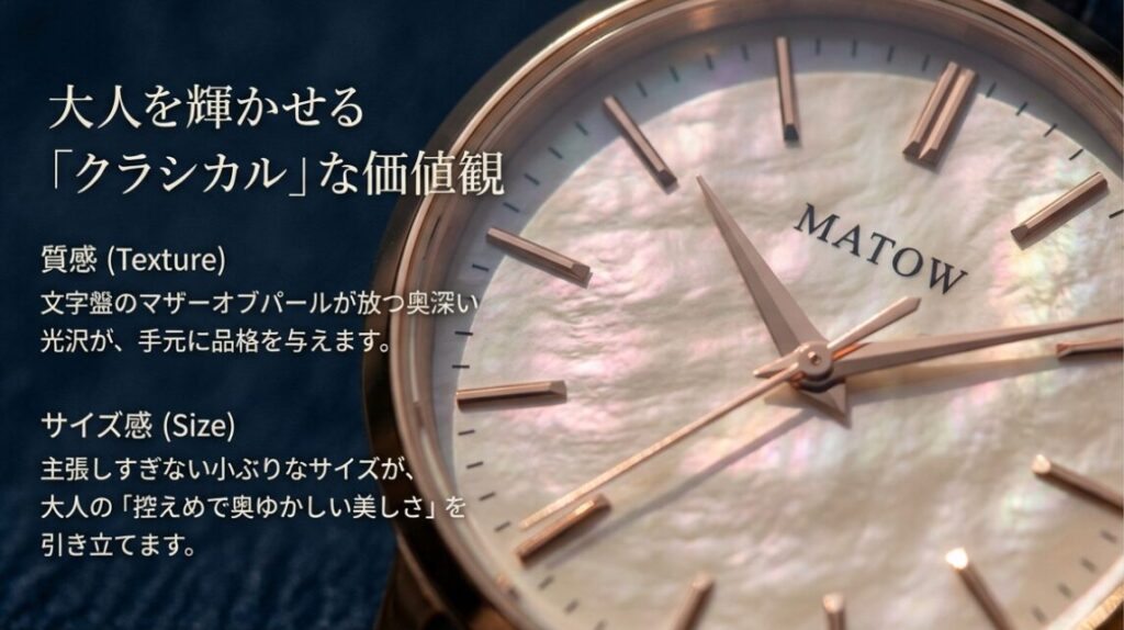 画像タイトル： 大人を輝かせるMATOWの質感とサイズ感

代替テキスト： MATOWの魅力である「質感」と「サイズ感」の解説スライド。マザーオブパールの光沢と小ぶりなケースが大人の品格を引き立てる理由。