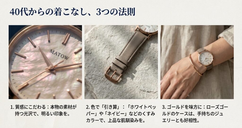 画像タイトル： 40代からのMATOW着こなし3つの法則

代替テキスト： 質感、引き算の色選び、ゴールドの活用という、大人の女性が腕時計を素敵に着こなすための3つのポイントをまとめたスライド。