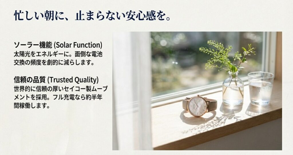 画像タイトル： 電池交換の手間を減らすソーラー機能とセイコー製ムーブメント

代替テキスト： 窓辺に置かれたMATOWの腕時計。太陽光をエネルギーにするソーラー機能と、信頼のセイコー製ムーブメントについての解説画像。