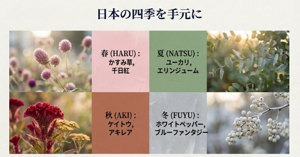 画像タイトル： 四季の花々をイメージしたMATOWのカラーバリエーション

代替テキスト： 春のかすみ草、夏のユーカリ、秋のケイトウなど、日本の四季の花々をモチーフにしたMATOWのベルトカラー紹介画像。