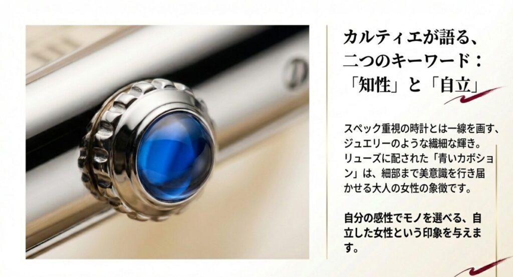 画像タイトル: カルティエが語る「知性」と「自立」
代替テキスト: スペック重視の時計とは異なる、ジュエリーのような繊細な輝きと、リューズの青いカボションが大人の女性の象徴であることを示すスライド。