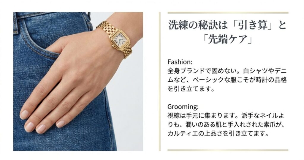 画像タイトル: 洗練の秘訣は「引き算」と「先端ケア」
代替テキスト: 全身ブランドで固めないファッションの「引き算」と、肌やネイルなどの「先端ケア」がカルティエの品格を引き立てることを解説したスライド。
