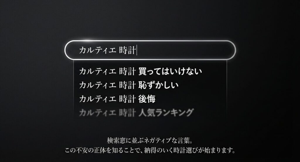 画像タイトル: カルティエ購入前に検索されるネガティブなキーワード
代替テキスト: 検索窓に「買ってはいけない」「恥ずかしい」「後悔」と表示されているスライド。これらの不安の正体を知ることで納得のいく時計選びができると解説している。