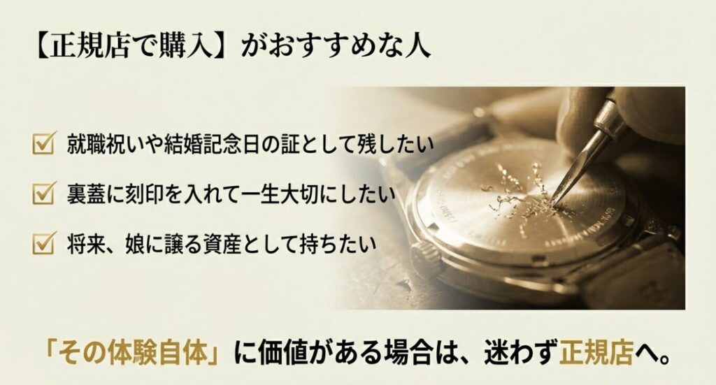 画像タイトル: 正規店での購入がおすすめな人の条件
代替テキスト: 時計の裏蓋に刻印をしている職人の手元の写真。「記念日」「刻印」「資産」として残したい場合は購入(Commitment & Asset)が推奨されることを示すスライド。