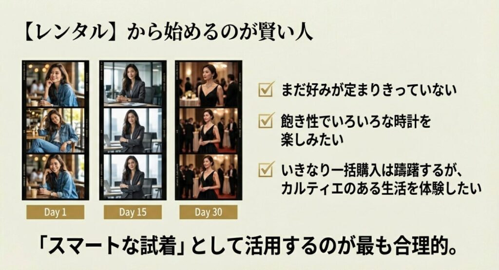 画像タイトル: レンタルから始めるのが賢い人の条件
代替テキスト: フィルム風の枠に収められた、カフェやオフィスで時計を着用して笑顔を見せる女性の写真。「好みが定まっていない」「飽き性」な人は、スマートな試着としてレンタルが推奨されることを示すスライド。
