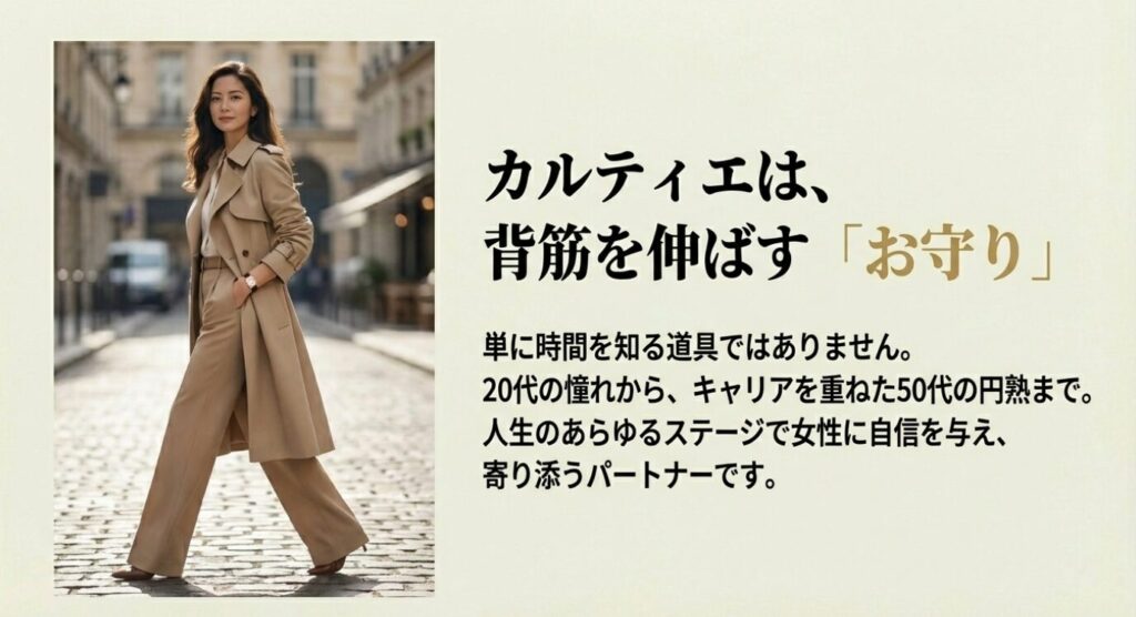 画像タイトル: 自信を与えるお守りとしてのカルティエ
代替テキスト: 石畳の街角でトレンチコートを着て颯爽と歩く女性の写真。カルティエは人生のあらゆるステージで自信を与えてくれるパートナーであるというメッセージ。