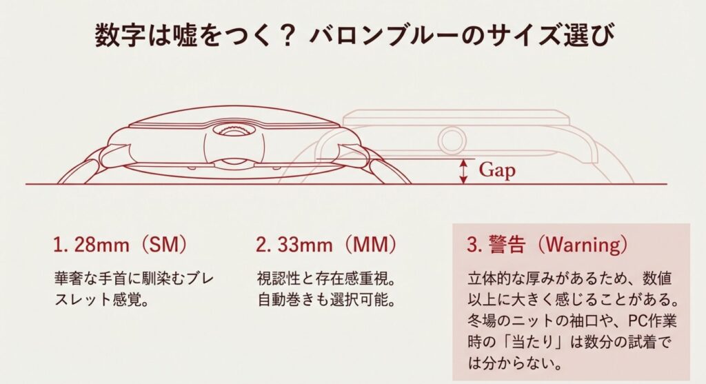 画像タイトル (title): バロンブルーのサイズ選びと着用時の隙間(Gap)について
代替テキスト (alt): バロンブルーのSMサイズとMMサイズの厚みの違い、手首と時計の隙間(Gap)が与える着用感への影響を図解