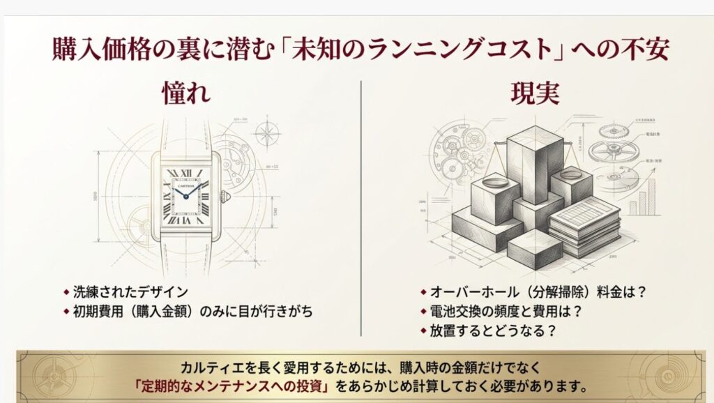 画像タイトル: 購入価格の裏に潜むランニングコストの不安


代替テキスト: 時計のデザイン画と天秤や書籍のイラスト。購入価格の裏に潜む「未知のランニングコスト」への不安や、オーバーホール料金、電池交換の頻度と費用といった疑問がまとめられた画像