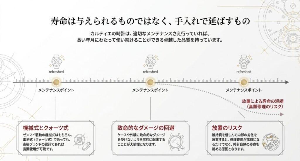 画像タイトル: メンテナンスによる時計の寿命延長

代替テキスト: 適切なメンテナンスを行うことで寿命が延びるタイムラインと、機械式とクォーツ式の違い、致命的なダメージの回避、放置のリスクについて解説した図