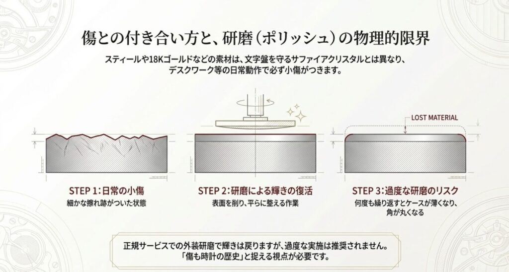 画像タイトル: 日常の小傷と研磨（ポリッシュ）の物理的限界

代替テキスト: 日常の小傷から、研磨による輝きの復活、そして過度な研磨によってケースが削れてしまうリスク（LOST MATERIAL）までの3ステップを図解した画像