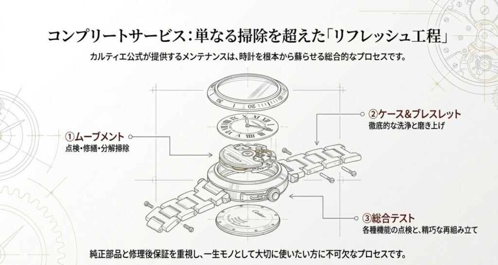 画像タイトル: コンプリートサービスのリフレッシュ工程

代替テキスト: ムーブメントの点検・分解掃除、ケース＆ブレスレットの洗浄と磨き上げ、総合テストといったコンプリートサービスの工程を示した分解図